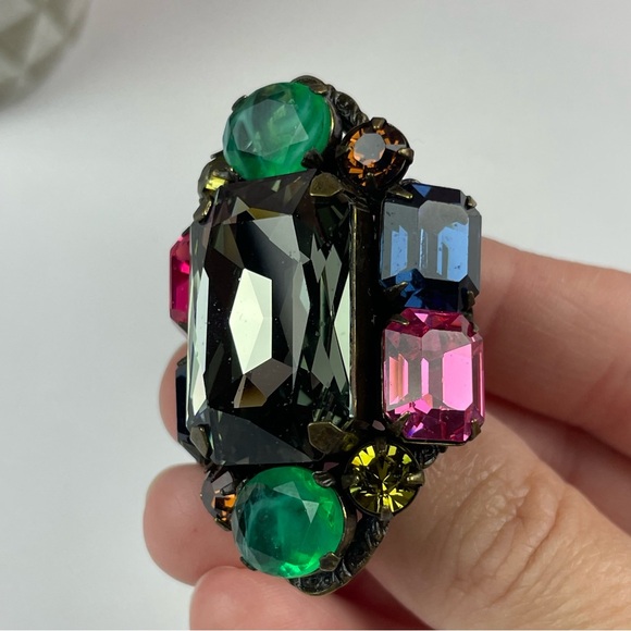 Miriam Haskell 2016 Colorful Green Pink Gold Rhinestone Statement Ring Jewelry - Picture 5 of 10